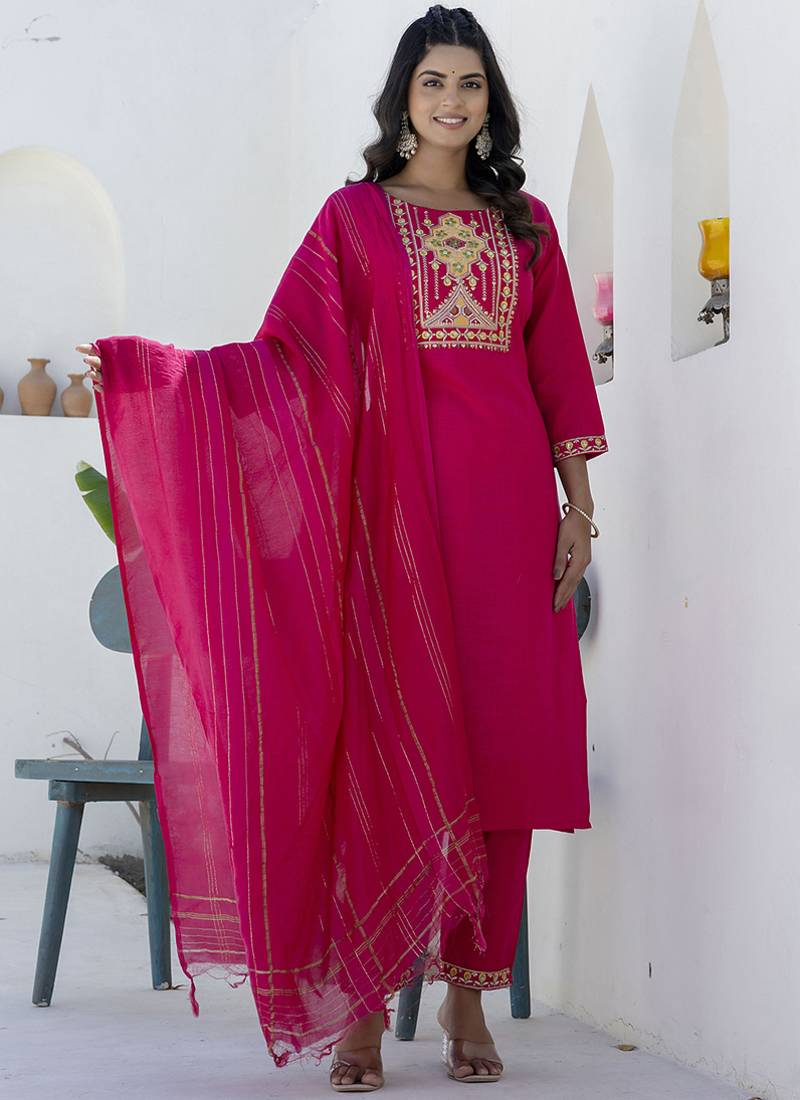 Cotton blend rani pink casual wear embroidery work kurta set