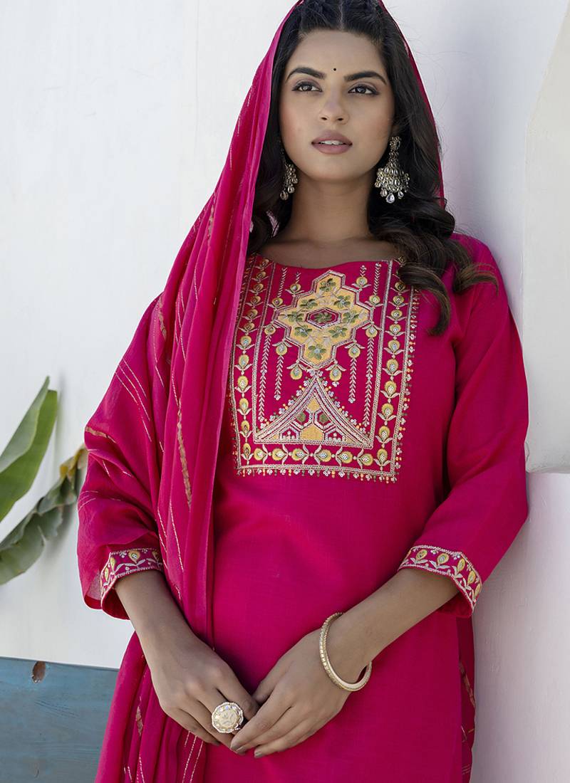 Cotton blend rani pink casual wear embroidery work kurta set