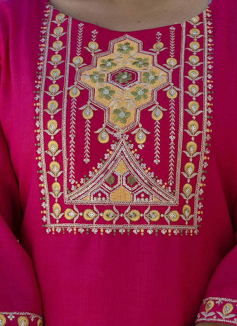 Cotton blend rani pink casual wear embroidery work kurta set