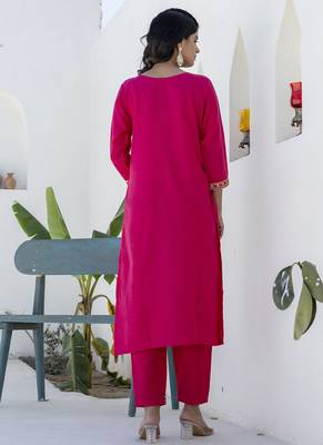 Cotton blend rani pink casual wear embroidery work kurta set 4