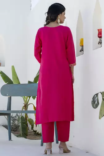 Cotton blend rani pink casual wear embroidery work kurta set