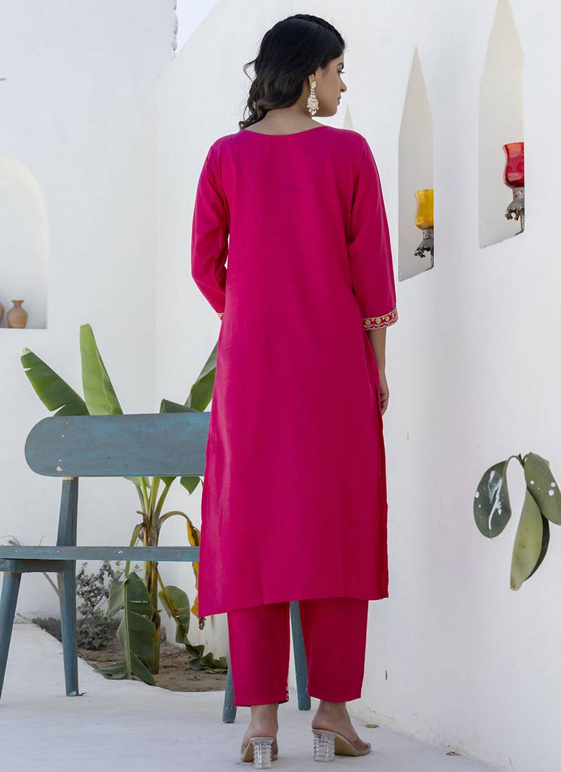 Cotton blend rani pink casual wear embroidery work kurta set