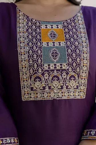 Cotton blend violet casual wear embroidery work kurta set