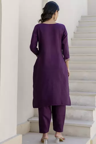Cotton blend violet casual wear embroidery work kurta set