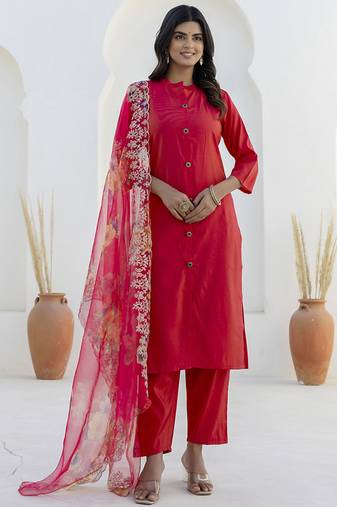 Shimmer silk red casual wear floral print kurta set
