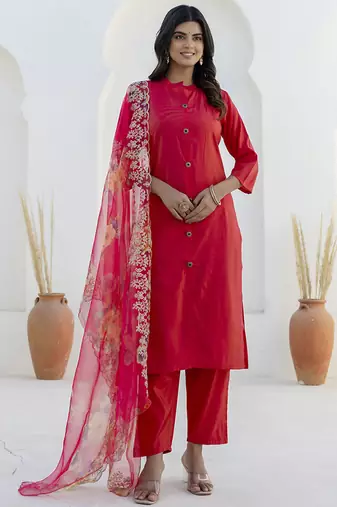 Shimmer silk red casual wear floral print kurta set
