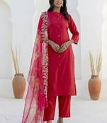 Shimmer silk red casual wear floral print kurta set