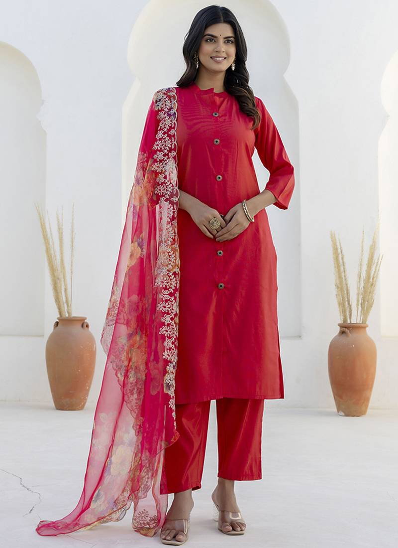 Shimmer silk red casual wear floral print kurta set