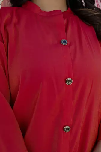 Shimmer silk red casual wear floral print kurta set