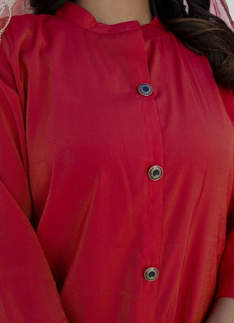 Shimmer silk red casual wear floral print kurta set