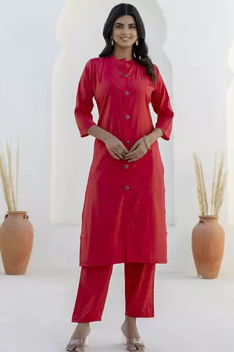 Shimmer silk red casual wear floral print kurta set