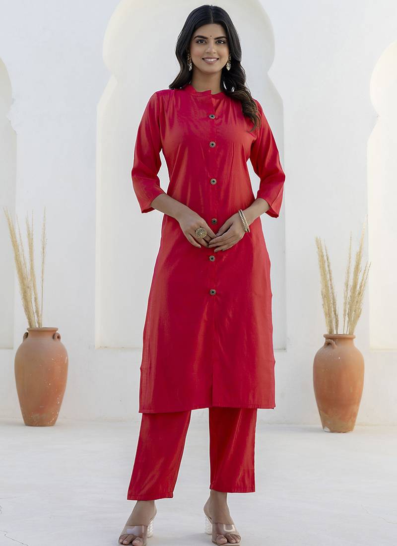Shimmer silk red casual wear floral print kurta set