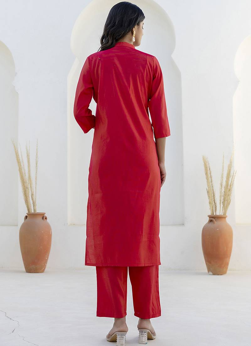 Shimmer silk red casual wear floral print kurta set