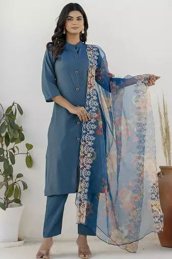 Shimmer silk navy blue casual wear floral print kurta set