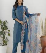Shimmer silk navy blue casual wear floral print kurta set