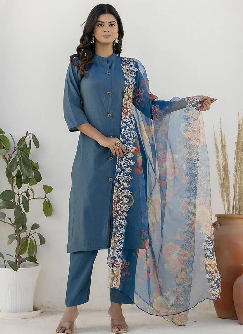 Shimmer silk navy blue casual wear floral print kurta set