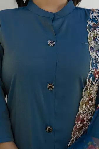Shimmer silk navy blue casual wear floral print kurta set
