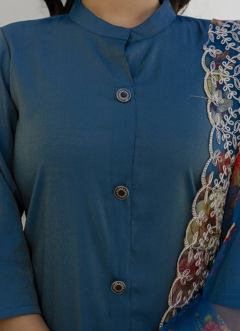 Shimmer silk navy blue casual wear floral print kurta set