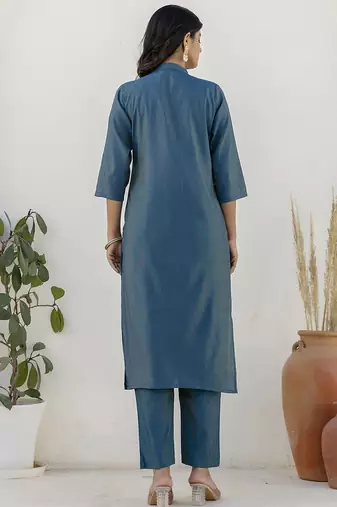 Shimmer silk navy blue casual wear floral print kurta set