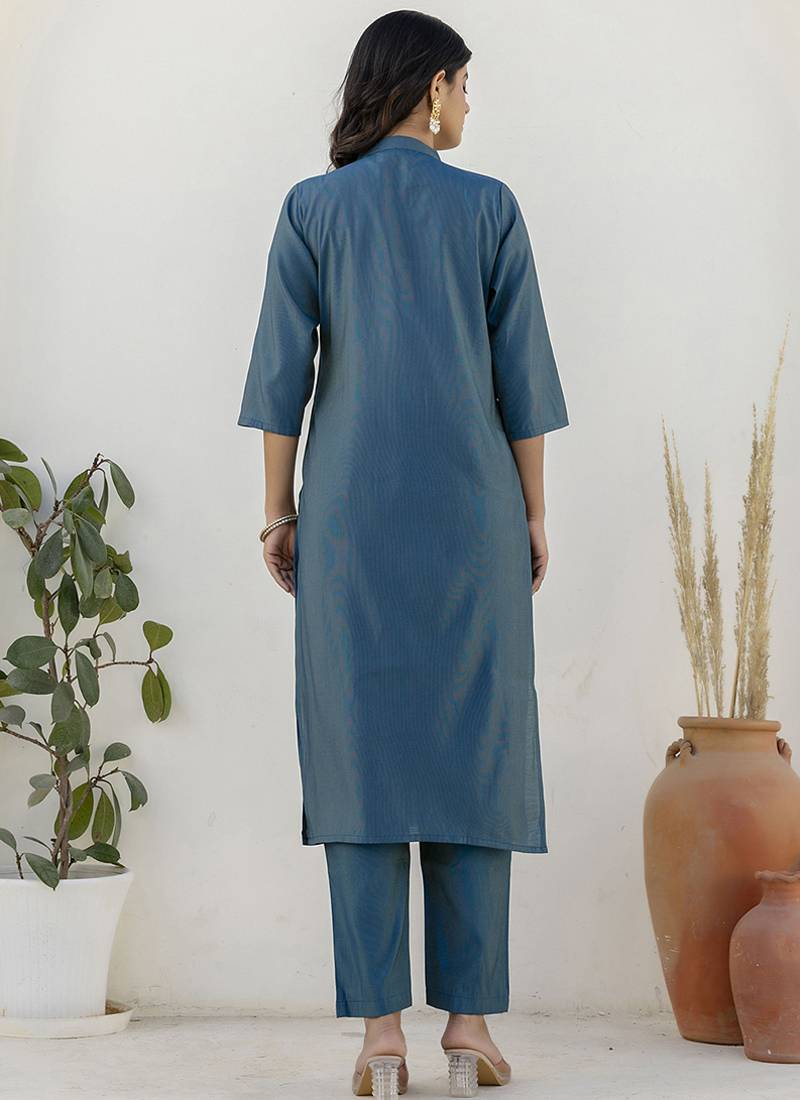 Shimmer silk navy blue casual wear floral print kurta set