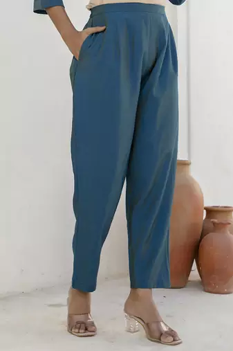 Shimmer silk navy blue casual wear floral print kurta set
