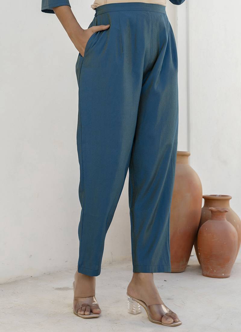 Shimmer silk navy blue casual wear floral print kurta set