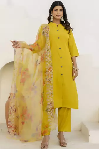 Shimmer silk yellow casual wear floral print kurta set