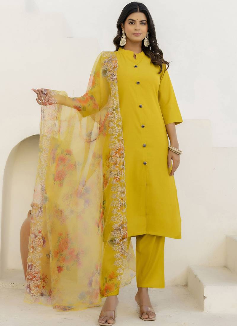 Shimmer silk yellow casual wear floral print kurta set