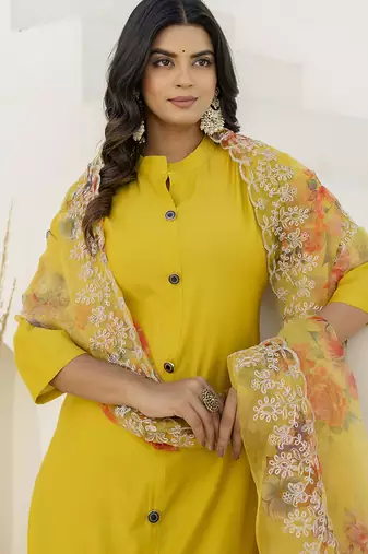 Shimmer silk yellow casual wear floral print kurta set