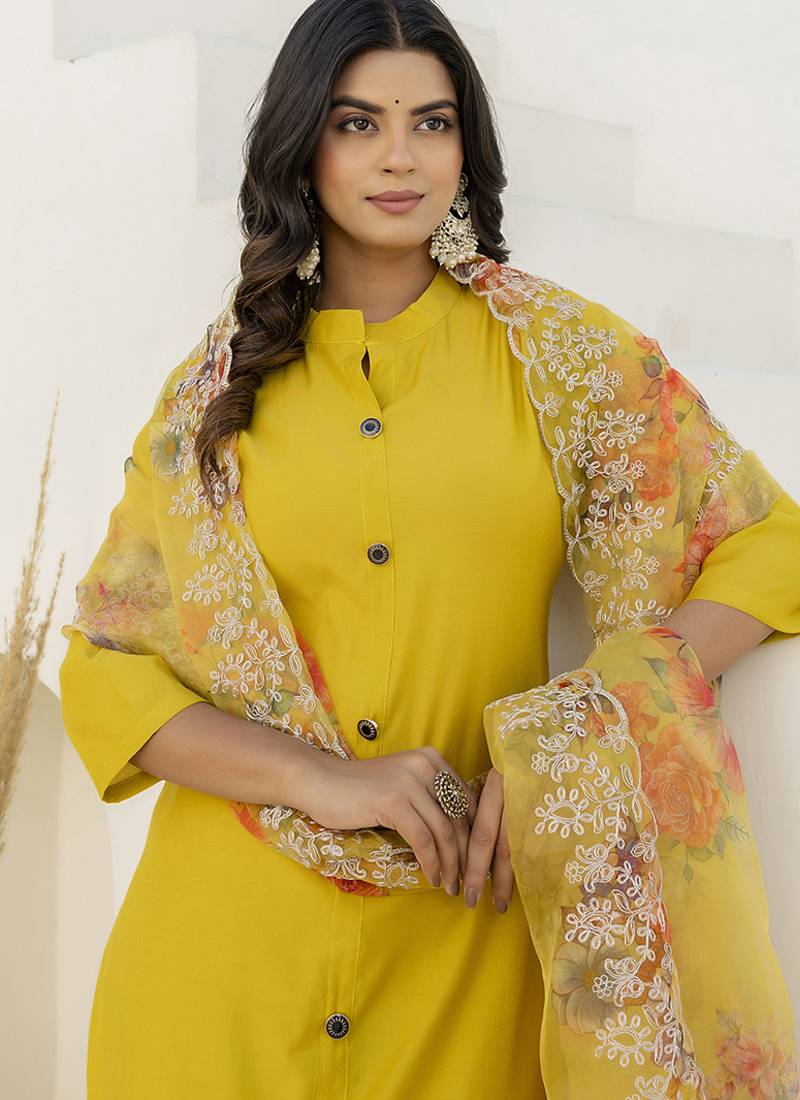 Shimmer silk yellow casual wear floral print kurta set