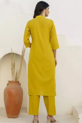 Shimmer silk yellow casual wear floral print kurta set
