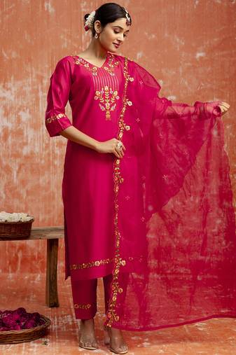Viscose red casual wear embroidery work kurta set