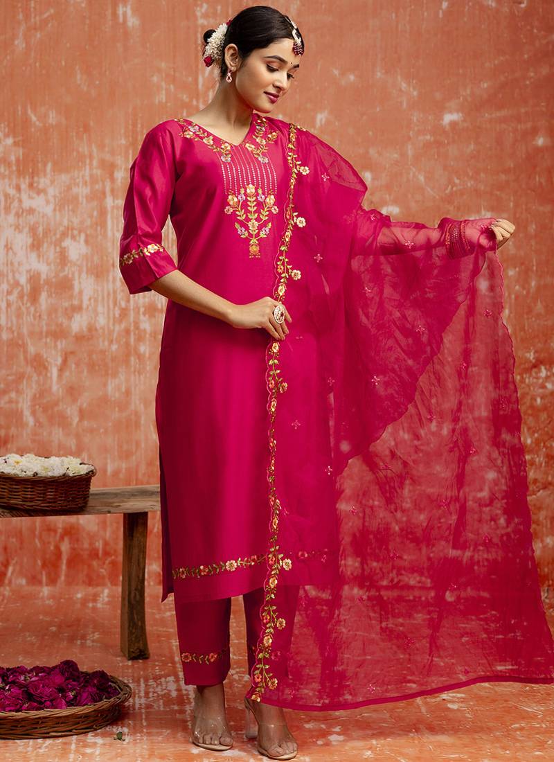 Viscose red casual wear embroidery work kurta set