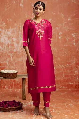 Viscose red casual wear embroidery work kurta set
