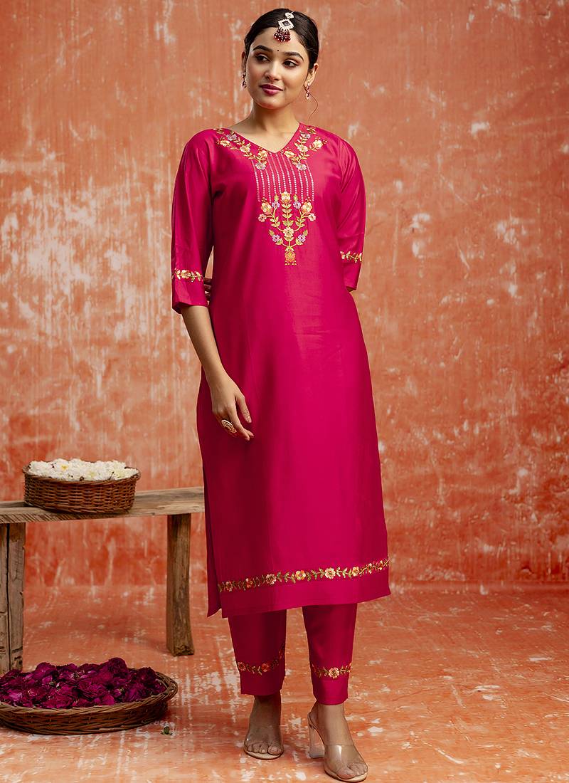 Viscose red casual wear embroidery work kurta set