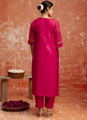 Viscose red casual wear embroidery work kurta set 3