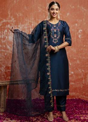 Viscose navy blue casual wear embroidery work kurta set 1