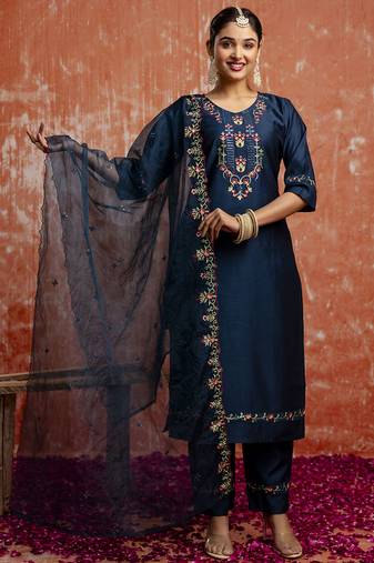 Viscose navy blue casual wear embroidery work kurta set