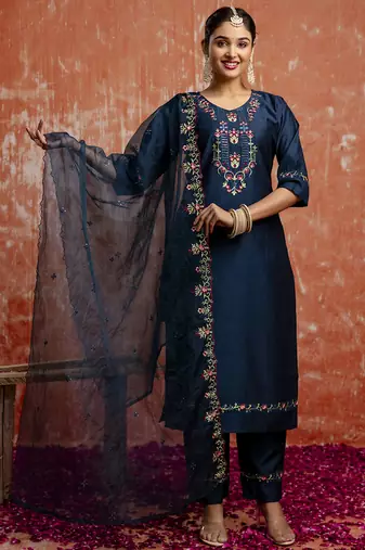 Viscose navy blue casual wear embroidery work kurta set
