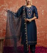 Viscose navy blue casual wear embroidery work kurta set
