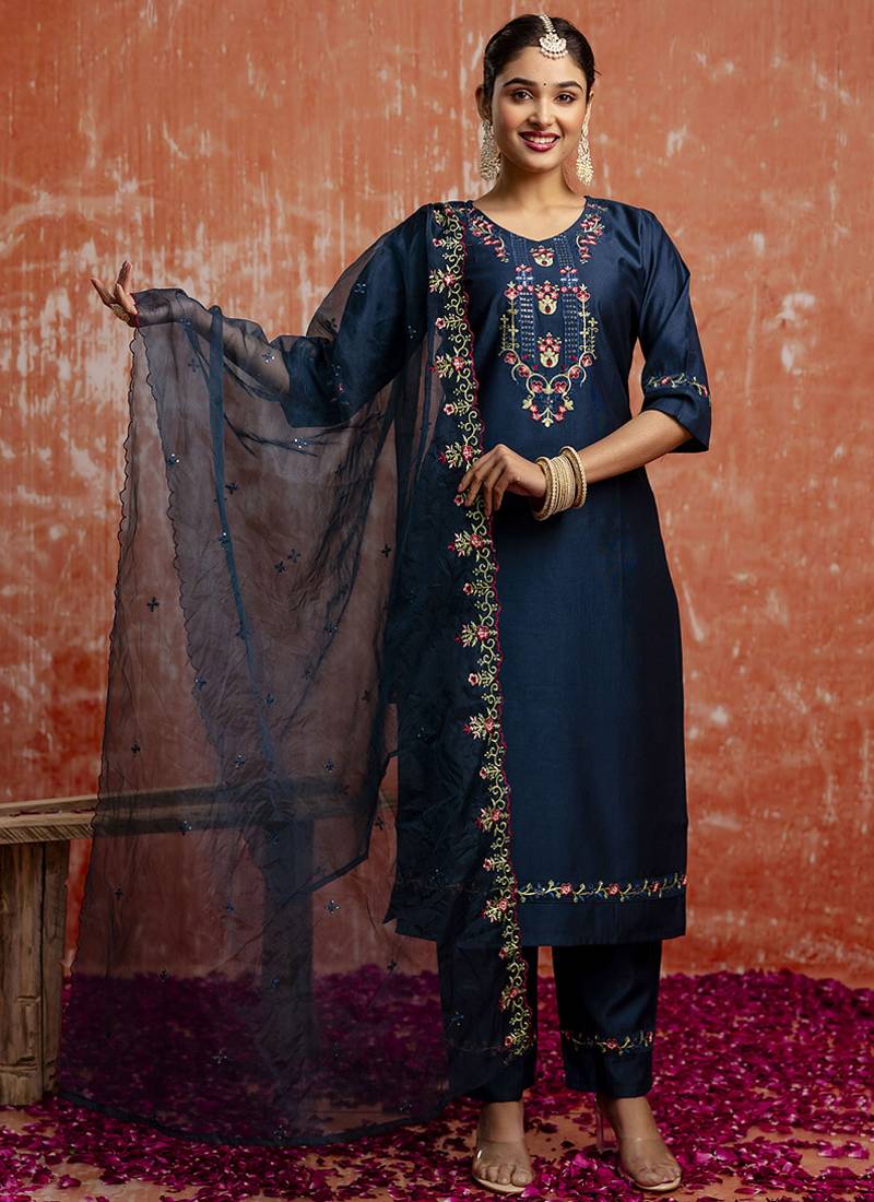 Viscose navy blue casual wear embroidery work kurta set