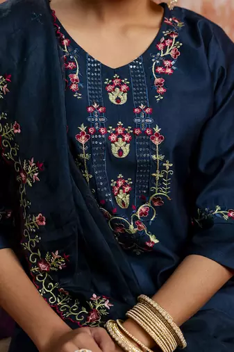 Viscose navy blue casual wear embroidery work kurta set