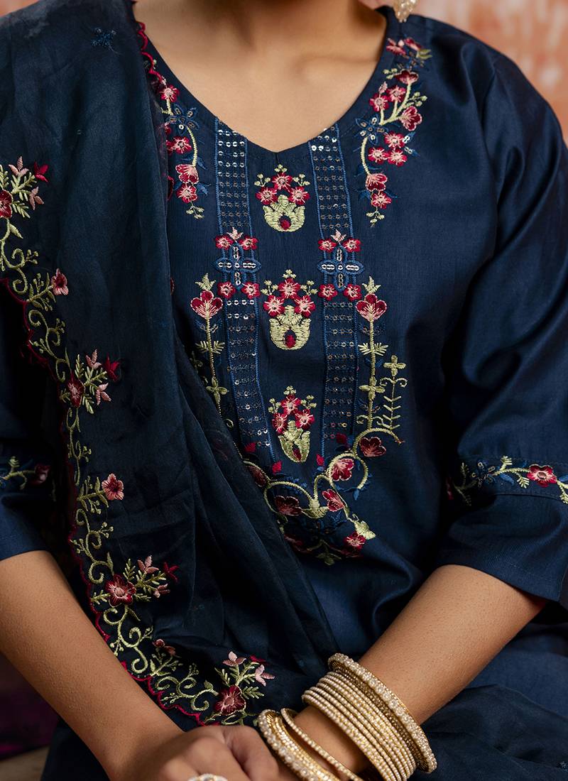 Viscose navy blue casual wear embroidery work kurta set