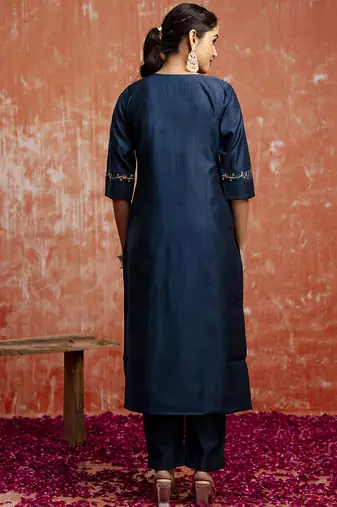 Viscose navy blue casual wear embroidery work kurta set
