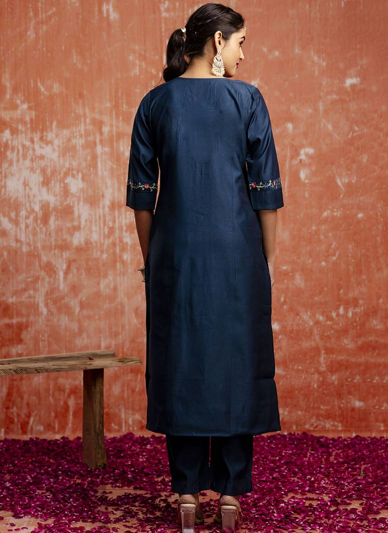 Viscose navy blue casual wear embroidery work kurta set