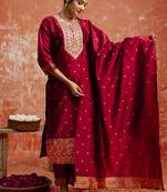 Cotton silk blend red casual wear embroidery work kurta set