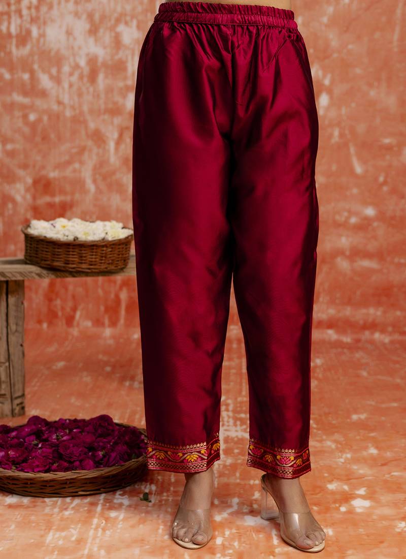 Cotton silk blend red casual wear embroidery work kurta set