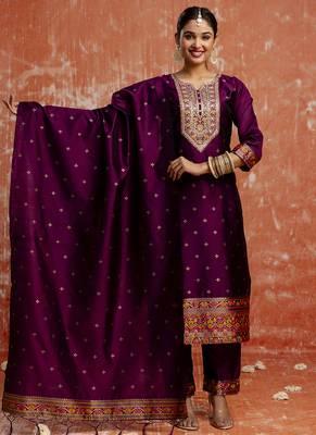 Cotton silk blend wine casual wear embroidery work kurta set 1
