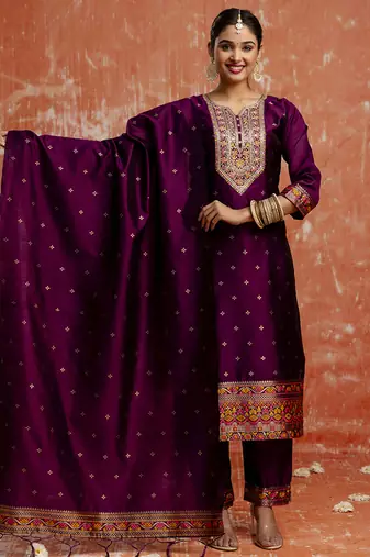 Cotton silk blend wine casual wear embroidery work kurta set