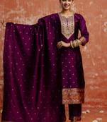 Cotton silk blend wine casual wear embroidery work kurta set